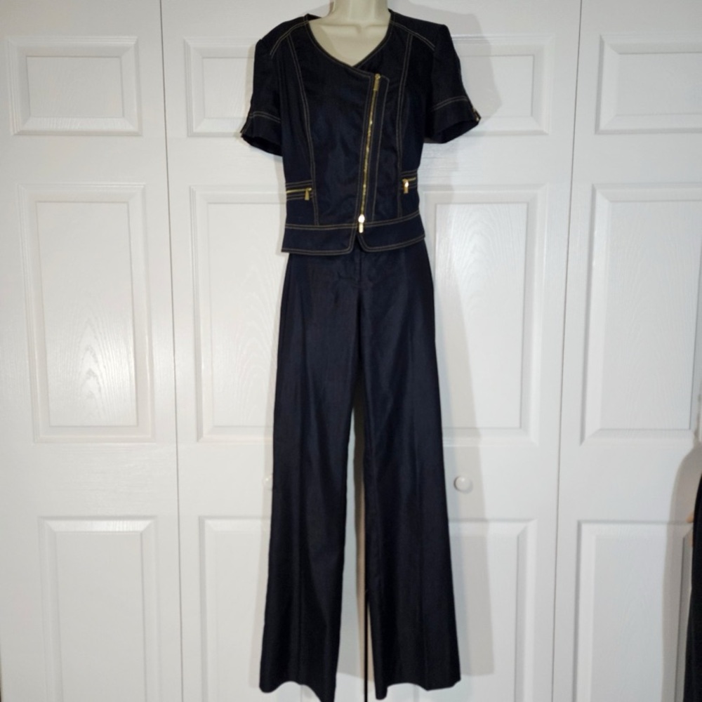 Cache Navy Blue with Gold hardware detailing Pant Suit. Size M and sz 6